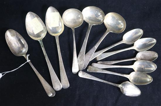 Three Georgian silver tablespoons, six Georgian silver dessert spoons and three Georgian silver sauce ladles, 17 oz.